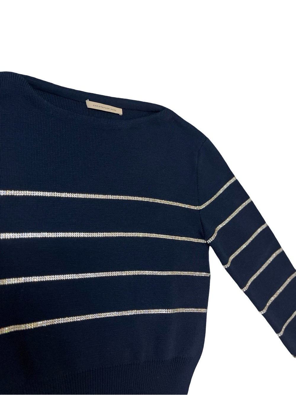 Christopher Kane Navy Blue Wool Crystal Stripes Boatneck Sweater Sz. XS Wedding
